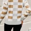 Women's Khaki Checkered Ribbed Edge O Neck Drop Shoulder Sweater - Image 3