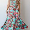 Women's Green Abstract Print Smocked Bodice Knotted Straps Ruffled Maxi Dress - Elegant Bohemian Style - Image 8