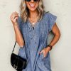 Women's Beau Blue Tie V Neck Denim Shift Dress with Tucking Detail and Pockets - Image 14