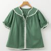 Women's Mist Green Ric Rac Trim Tie Split Neck Blouse - Trendy Short Sleeve Top - Image 3