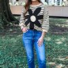 Women's Black and White Striped 3/4 Sleeve Top with Big Flower Patch - Image 3