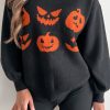 Women's Black Halloween Pumpkin Face Pattern Drop Shoulder Sweater - Image 2