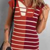 Women's Brown Stripe Color Block Quarter Zip Collar Short Sleeve Sweater Dress - Image 4