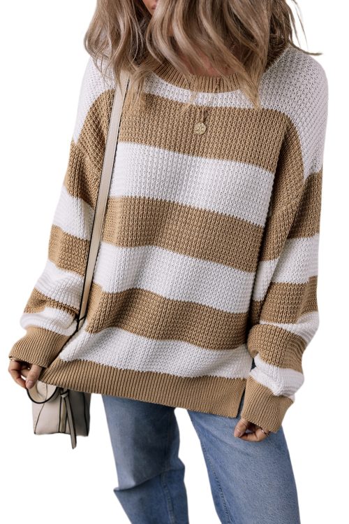 Women's Light French Beige Colorblock Striped Drop Shoulder Sweater with Side Slit