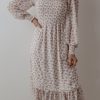 Women's White Floral Print Shirred Ruffled Hem Square Neck Midi Dress - Image 7