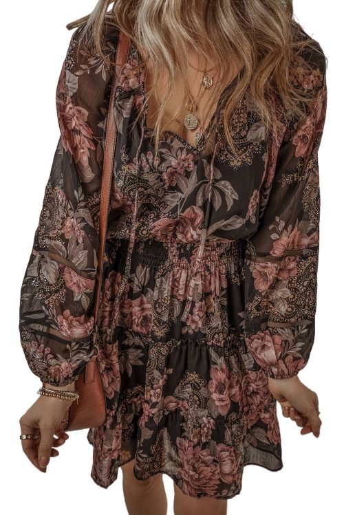 Women's Vintage Floral Puff Sleeve V Neck Smock Waist Dress