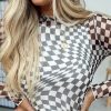 Women's Black Checkered Pattern Mesh Mock Neck Long Sleeve Top - Image 7