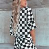 Women's Black Checkerboard Print V Neck Loose Tee and Shorts Lounge Set - Image 2