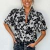 Women's Black Floral Bubble Sleeve Casual Shirt - Elegant Summer Top - Image 6