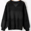 Women's Black Eyelet Pattern V Neck Drop Shoulder Sweater - Casual and Stylish for Fall - Image 8