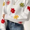 Women's White Colorful Flower Applique Textured Knit Sweater - Image 2