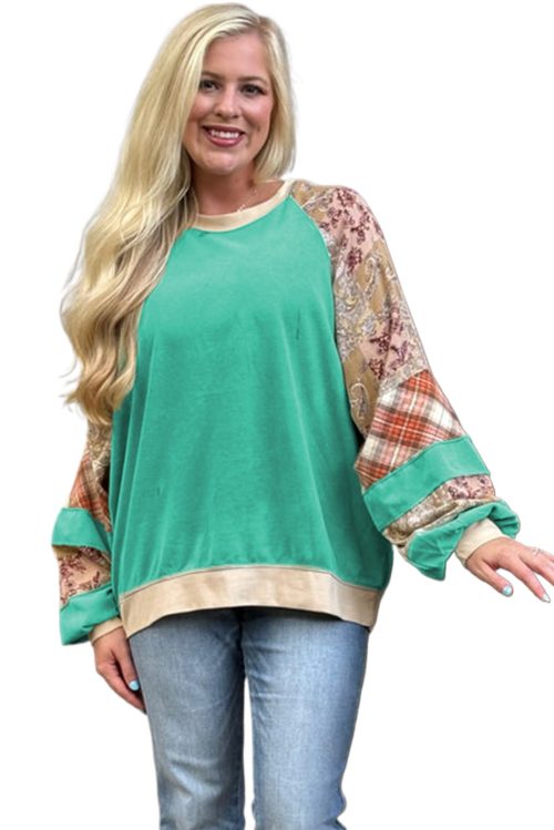 Women's Plus Size Sky Blue Plaid Floral Patchwork Raglan Sleeve Sweatshirt