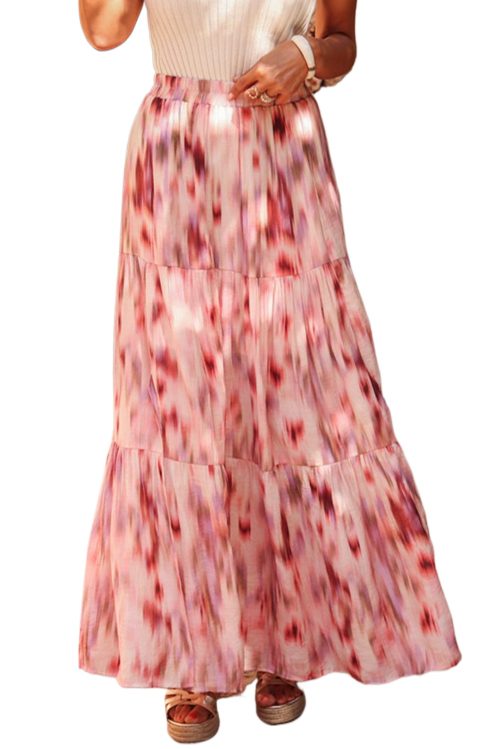 Women's Pink Abstract Watercolor Tie Dye Tiered Maxi Skirt - High Waist Bohemian Style