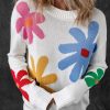 Women's White Floral Pattern Crew Neck Sweater - Image 5