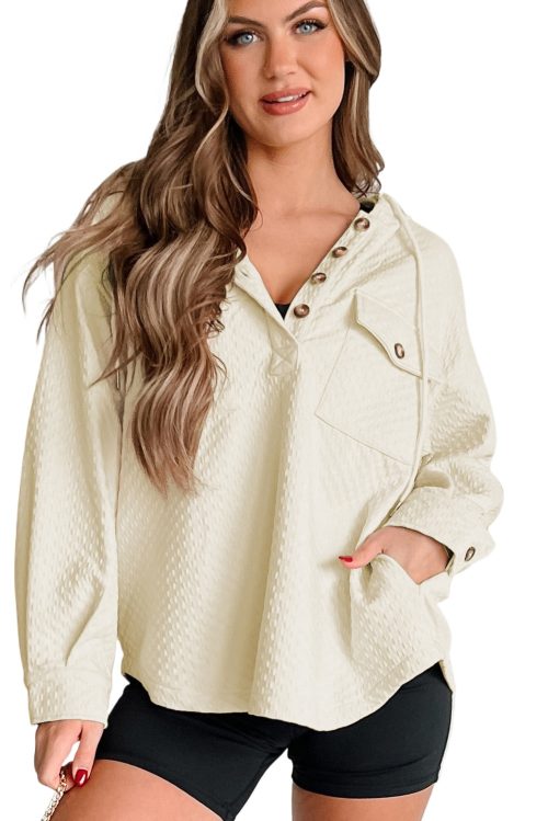 Women's Apricot Textured Hoodie with Buttoned Neckline and Side Pockets