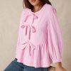 Women's Pink Stripe Bowknot Front Crew Neck Puff Sleeve Blouse - Image 5