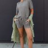 Women's Gray Solid Color Waffle Knit T-Shirt and Shorts Set - Casual Chic Two Piece Outfit - Image 8