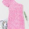 Pink Sequin One Shoulder Puff Sleeve Bodycon Mini Dress - Image 10