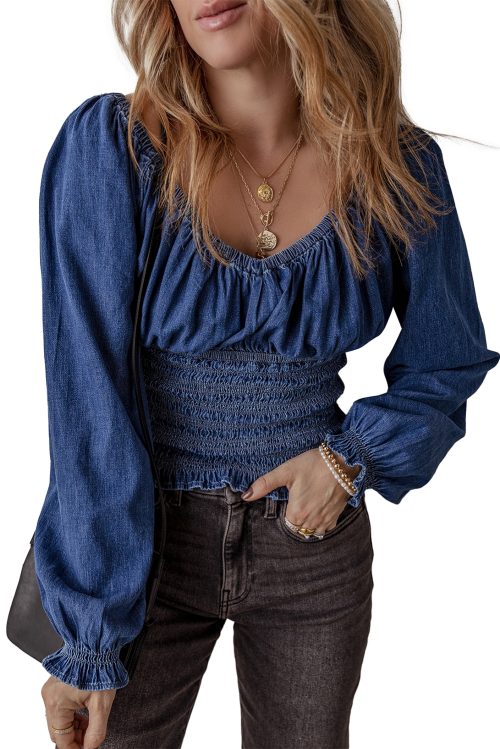 Women's Dark Blue Smocked Ruffled Puff Sleeve Denim V Neck Blouse