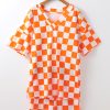 Women's Orange Checkerboard Print V Neck Loose Tee and Shorts Lounge Set - Image 5