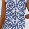 Women's Blue Vintage Print Pintuck Crew Neck Tank Top - Bohemian Style - Image 2