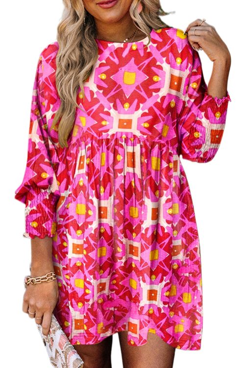 Women's Strawberry Pink Geometric Print Smocked Long Sleeve Mini Dress