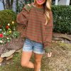 Women's Brown Stripe Trimmed Round Neck Drop Shoulder Loose Sweater - Image 4