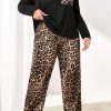 Plus Size Black Leopard Patched Pocket Long Sleeve Top & Pants Set - Image 3