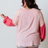 Women's Plus Size Pink Contrast Floral Patchwork Long Sleeve Blouse - Image 2