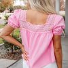 Women's Light Pink Lace Square Neck Puff Sleeve Blouse - Elegant Babydoll Top - Image 2