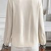 Elegant Women's Beige Floral Embroidered Stand Neck Buttoned Shirt - Image 3