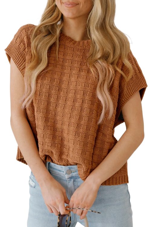 Women's Camel Round Neck Textured Knit Sweater Vest for Casual and Formal Wear