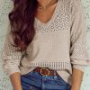 Women's Brown Eyelet Pattern V Neck Drop Shoulder Sweater - Casual Chic for Fall - Image 17