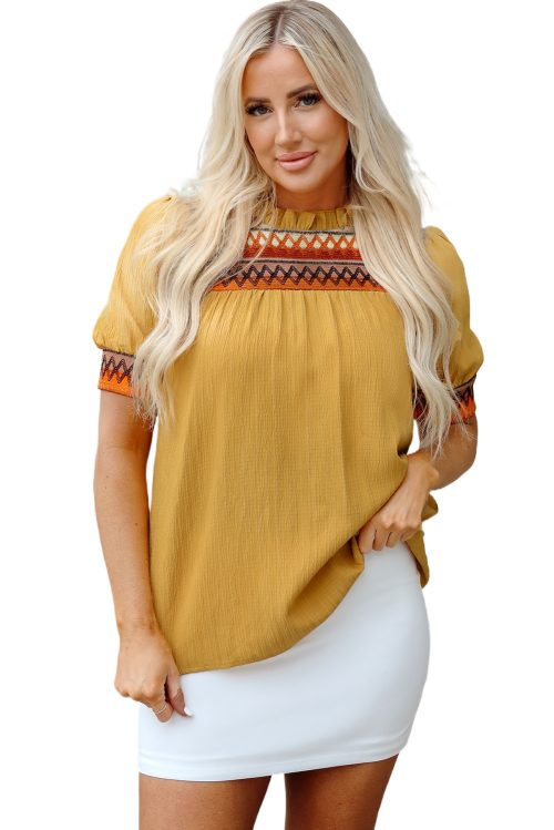 Chic Mustard Geometric Short Puff Sleeve Blouse with Frilled Collar