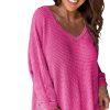 Women's Rose Red Waffle Knit V Neck Loose Fit Top with Side Slits - Image 6