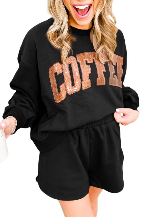 Women's Black Sequined Loose Fit Sweatshirt and Shorts Set