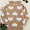 Women's Khaki Contrast Heart Pattern Round Neck Sweater - Casual Relaxed Fit - Image 9