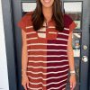 Women's Brown Stripe Color Block Quarter Zip Collar Short Sleeve Sweater Dress - Image 3