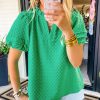 Women's Bright Green Textured Puff Short Sleeve Notched V Neck Top - Image 5