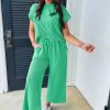 Bright Green Solid Corded Knit Short Sleeve T-Shirt and Wide Leg Pants Set for Women - Image 5