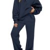 Women's Navy Blue Solid Color Active Set - Collared Sweatshirt and High Waist Pants - Image 18