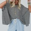 Women's Black Stripe Batwing Sleeve Oversized Crewneck Top - Trendy Casual Wear - Image 3