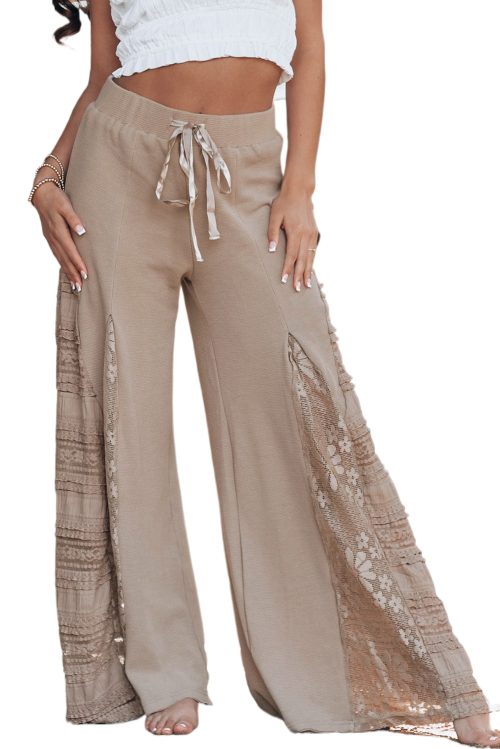 Women's Smoke Gray Boho Lace Patchwork High Waist Wide Leg Pants