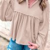 Women's Parchment Corded Turn-down V Neck Bubble Sleeve Babydoll Blouse - Image 2