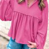 Women's Bright Pink Bubble Sleeve Turn-down V Neck Corded Blouse - Image 5