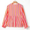 Women's Orange Stripe Balloon Sleeve Notched V Neck Blouse with Buttoned Front - Image 6