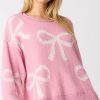 Women's Pink Pearl Beaded Bowknot Pattern Distressed Split Hem Sweater - Image 3