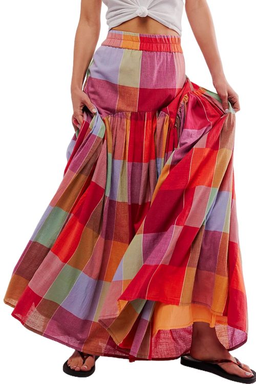 Women's Multicolour Plaid Print Ruched High Waist Casual Maxi Skirt