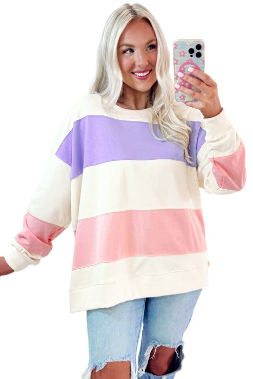 Women's Beige Colorblock Patchwork Drop Shoulder Crewneck Sweatshirt