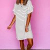 Women's White Stripe Ruffled Short Sleeve Crew Neck T-Shirt Shift Mini Dress - Image 5